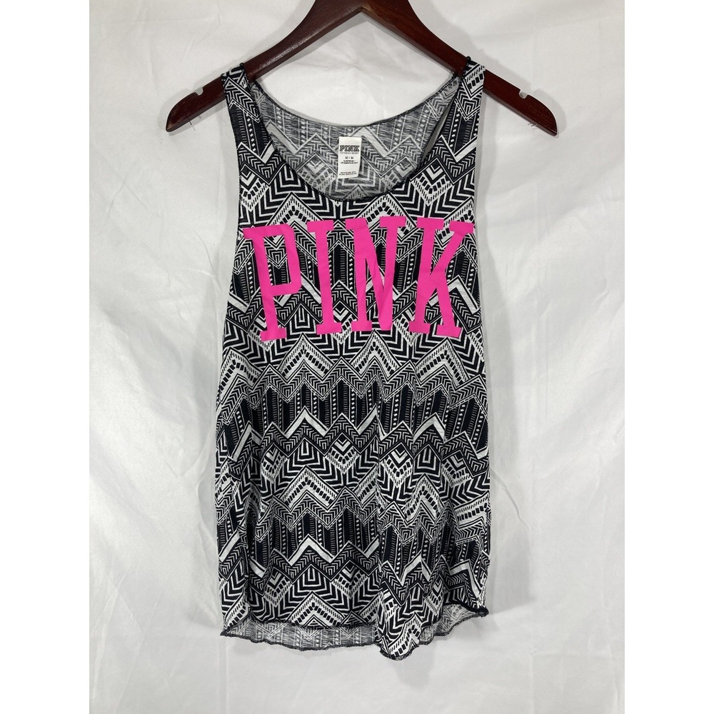 PINK VICTORIA'S SECRET SIZE M TANK SHIRT BLACK WHITE PRINT W/NEON GREEN LETTERS